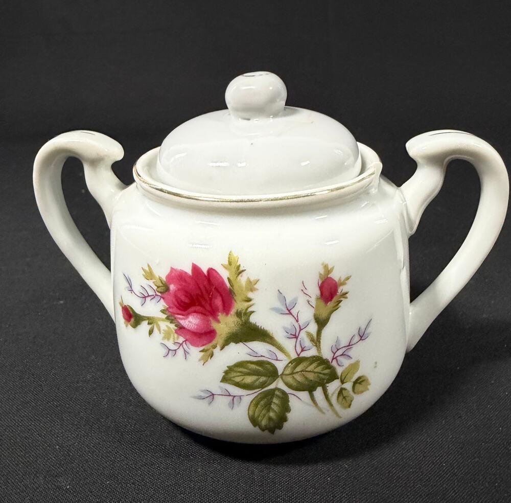 Vintage Moss Rose Sugar Bowl w/Lid Made in Japan Pink Rose Floral Gold Trim